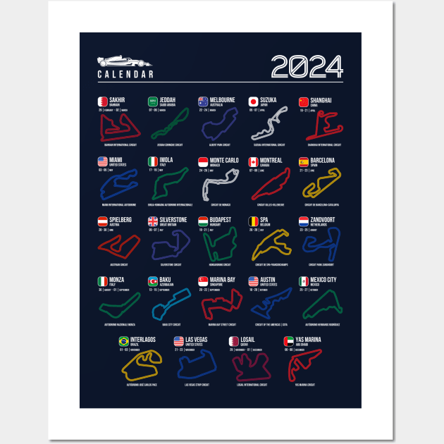 Calendar 2024 Formula Racing Tracks (Colors) Wall Art by RaceCarsDriving